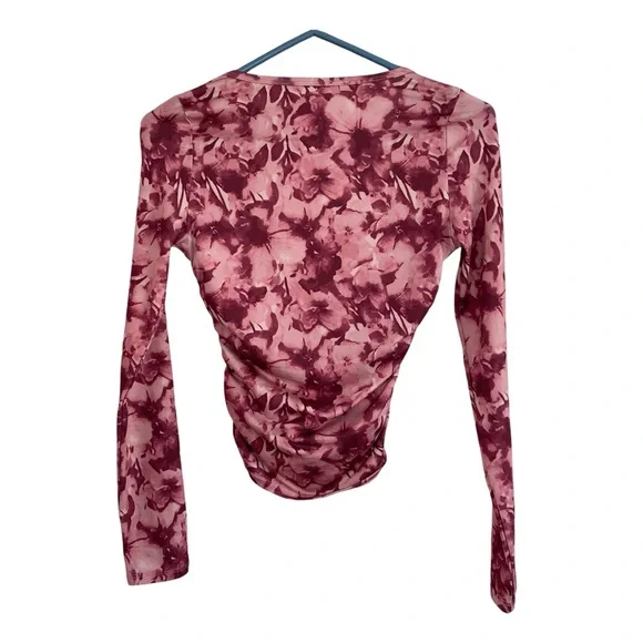Pink Floral Square Neck Cropped Long Sleeve Top – Ruched, Size Small - Picture 13 of 17